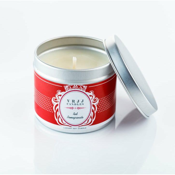 RED POMEGRANATE TRAVEL TIN CANDLE - V R J J  CANDLES
